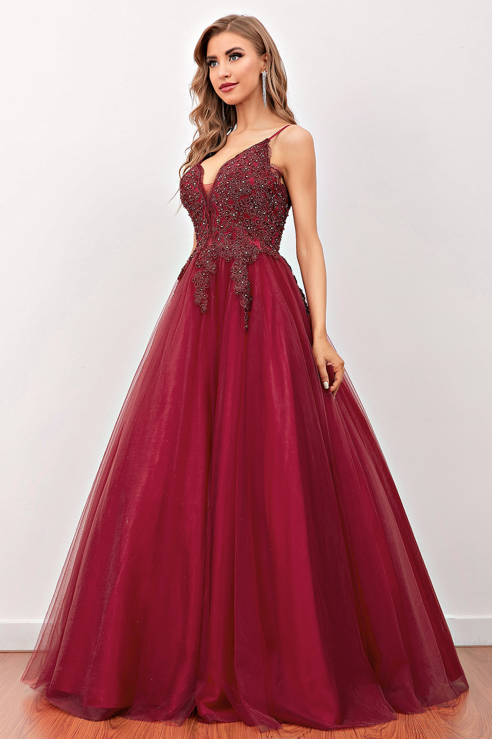 Burgundy Beaded Long Prom Dress