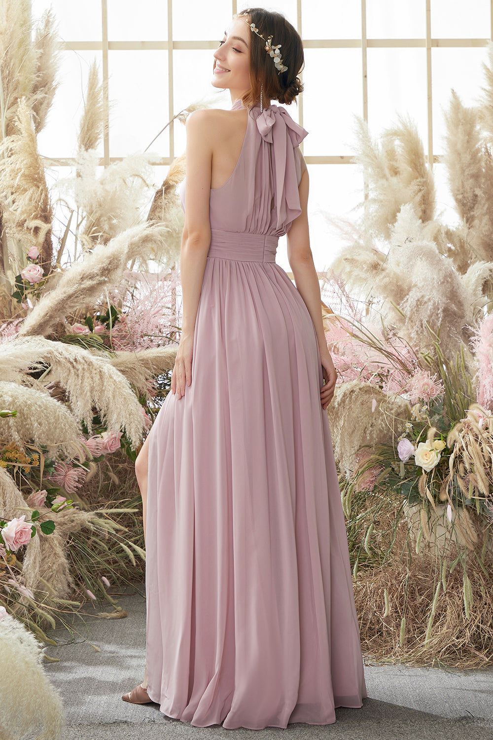 Halter Pleated Chiffon Bridesmaid Dress