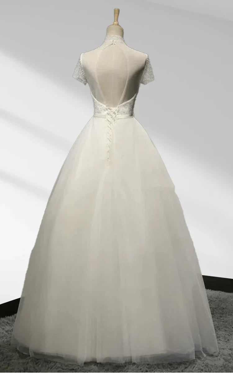 High Neck A-line Tulle Short Sleeves Lace-Up Backless Beading Wedding Dress