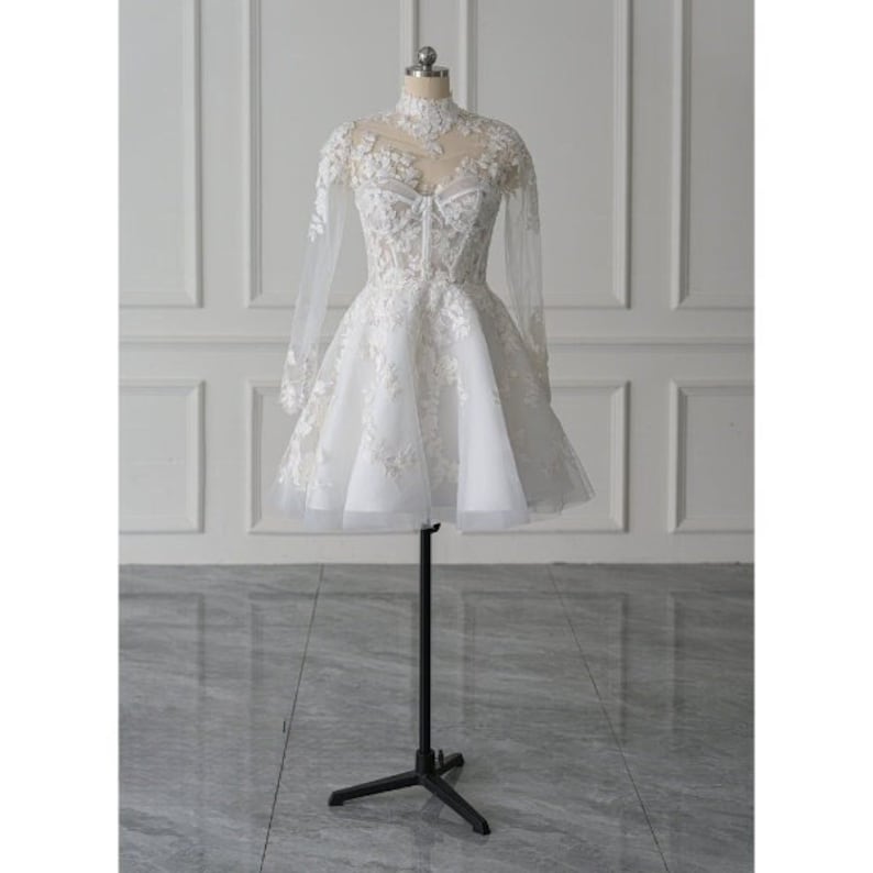 Marilla | Short White A-Line Illusion Neck Long Sleeves Lace Wedding Dresses