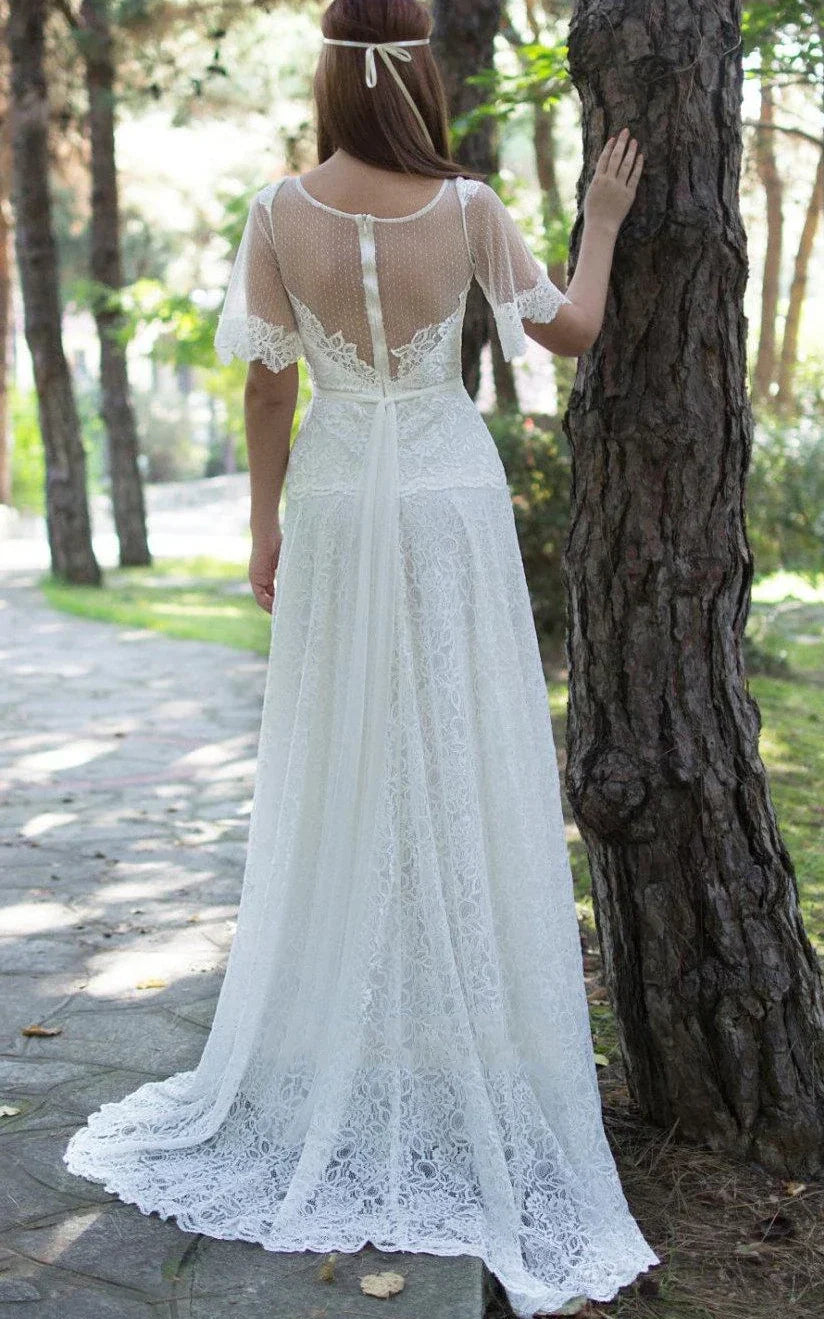 A-Line Short Sleeve Lace Appliques Illusion Back Wedding Dress with Sash