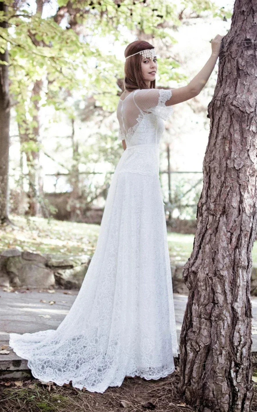 A-Line Short Sleeve Lace Appliques Illusion Back Wedding Dress with Sash