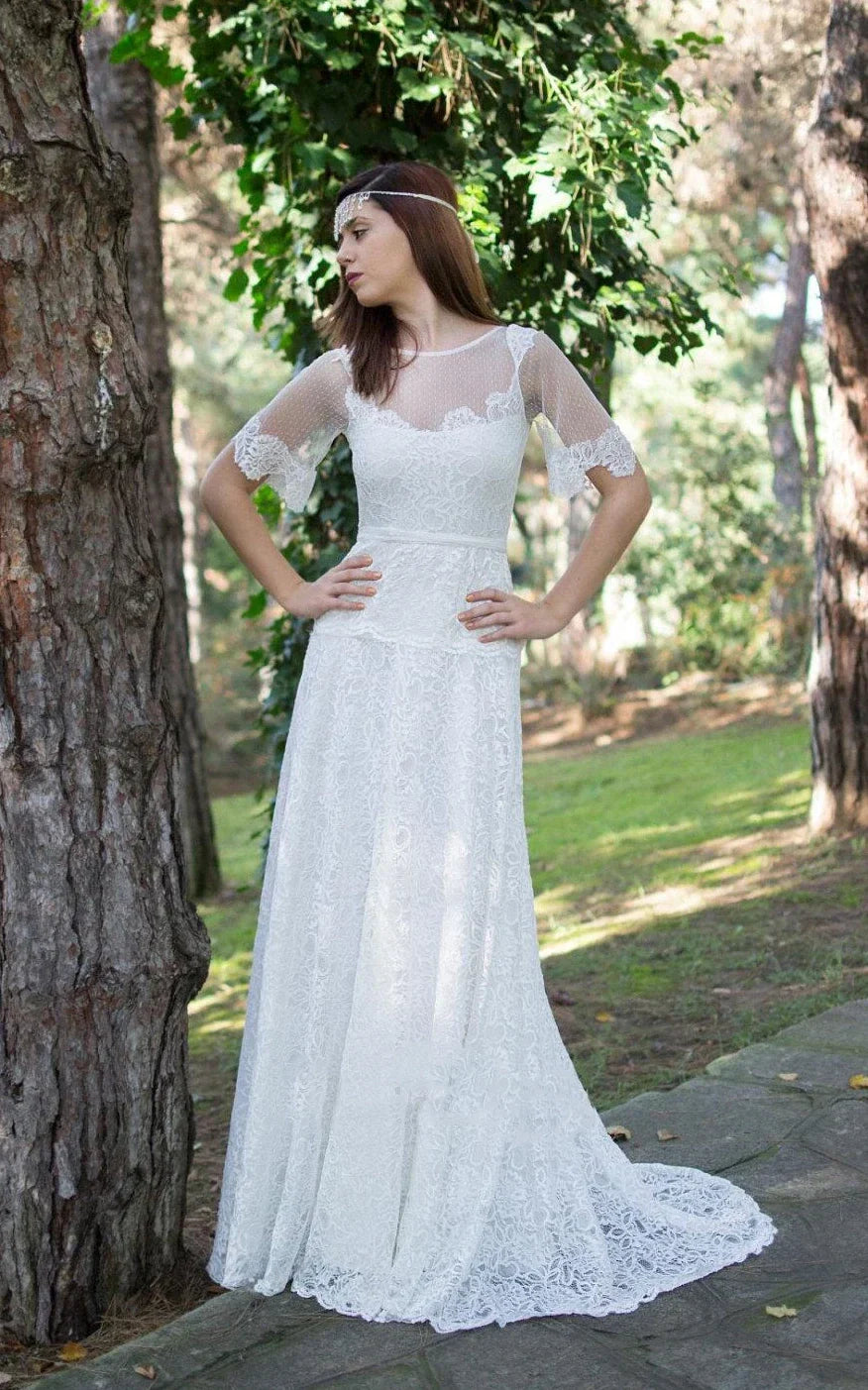 A-Line Short Sleeve Lace Appliques Illusion Back Wedding Dress with Sash