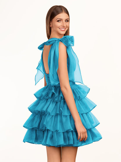 Joleen | Trendy  A-Line Royal Blue Tiered Homecoming Dress with Bow