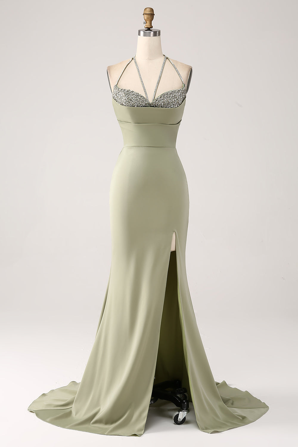 Sheath Pistachio V-Neck Beaded Long Prom Dress With Slit