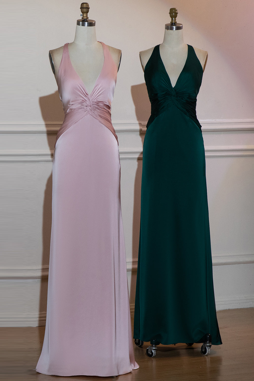 Blushing Pink Sheath Halter Satin Long Bridesmaid Dress