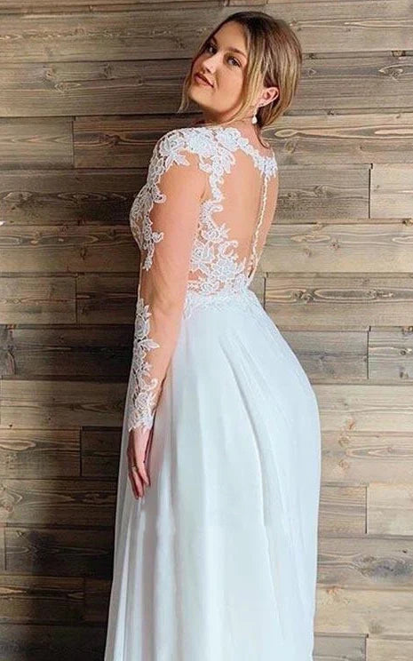 Mature Floral Long Sleeve A-Line Lace Wedding Dress