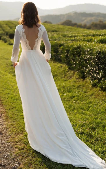 Modest A-Line Long Sleeve Floor Length Train Simple Casual Chiffon Bateau V-Back Wedding Dress