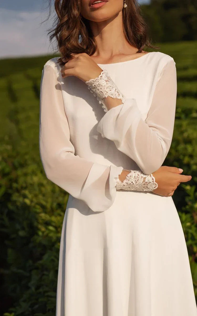 Modest A-Line Long Sleeve Floor Length Train Simple Casual Chiffon Bateau V-Back Wedding Dress