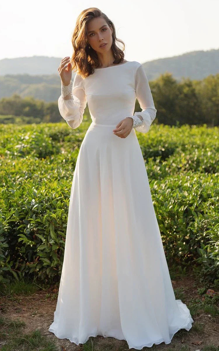 Modest A-Line Long Sleeve Floor Length Train Simple Casual Chiffon Bateau V-Back Wedding Dress