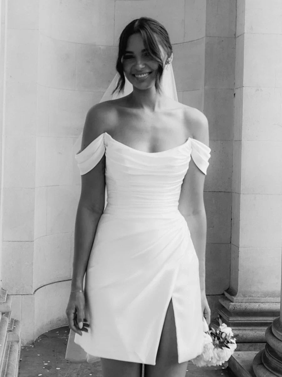 Elody | Off-the-Shoulder Short Satin Cowl Neck Simple Formal Wedding Dress With Slit