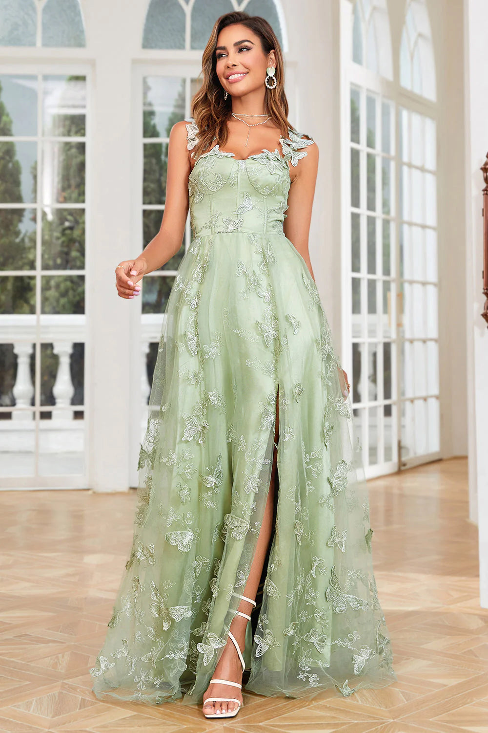 A Line Green Corset Long Tulle Prom Dress with 3D Butterflies Split Front