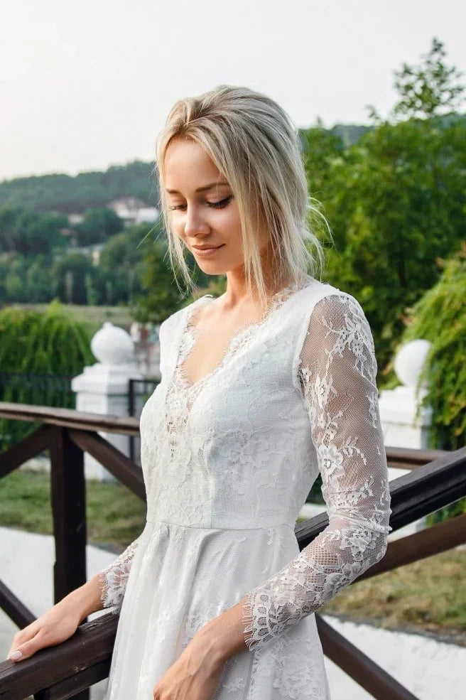 Sexy Lace Short Wedding Dress With Long Sleeve And Deep V-neck