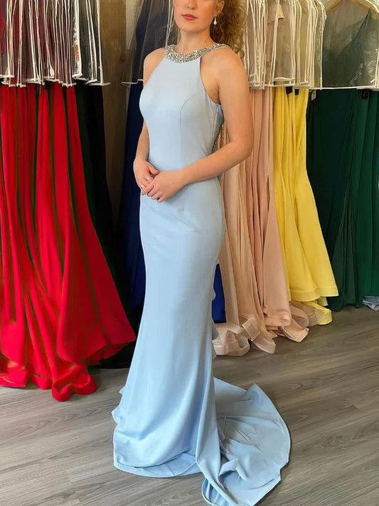 Exquisite Halter Beaded Mermaid Prom Dresses Satin Backless Evening Gowns