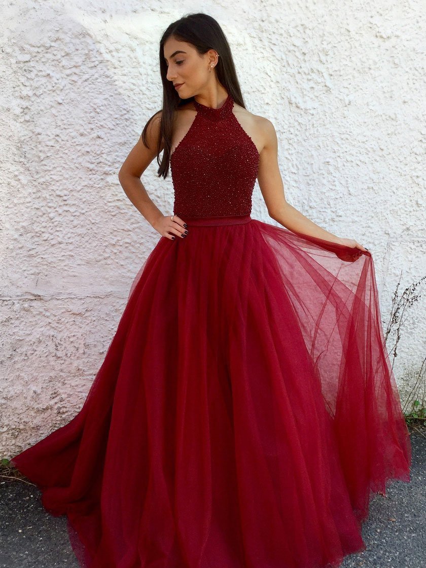 A-line Beaded Halter High Neck Beaded Top Tulle Skirt Long Prom Dresses