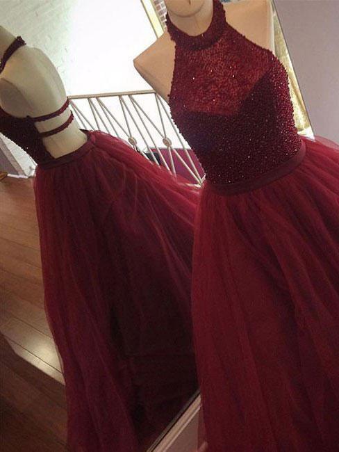 A-line Beaded Halter High Neck Beaded Top Tulle Skirt Long Prom Dresses