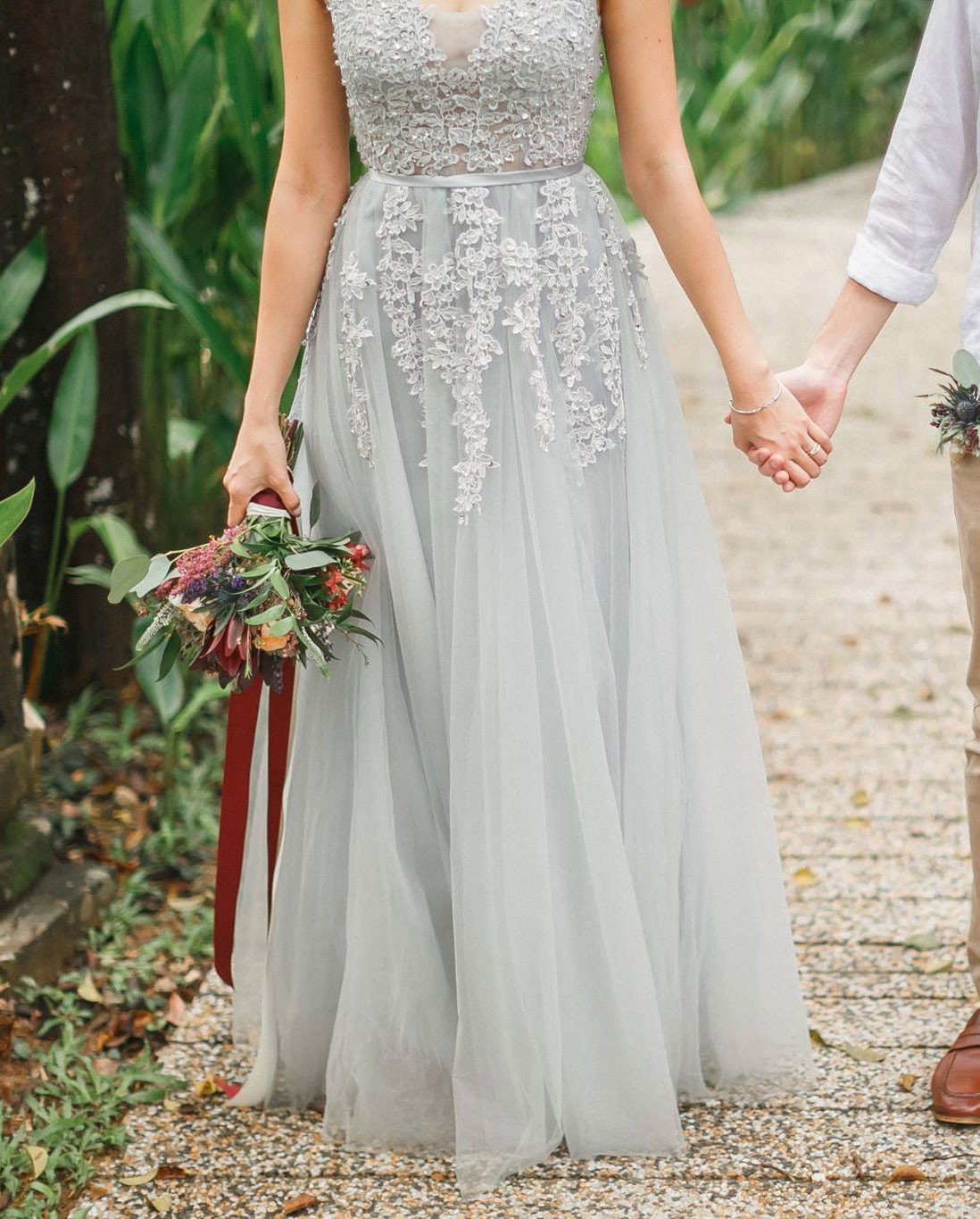 A-line Grey Tulle with Lace Appliqued V-neck Prom Dresses,Long Formal Gowns