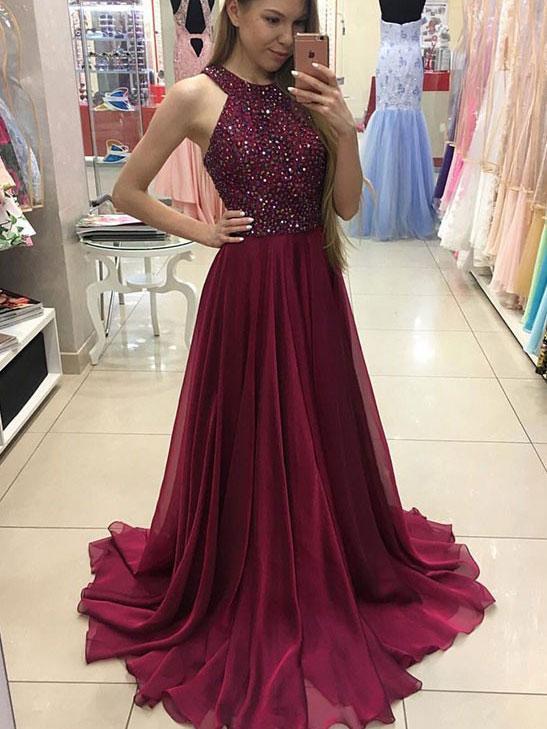 A-line Halter Burgundy Chiffon Long Prom Dresses,Simple Pageant Dresses