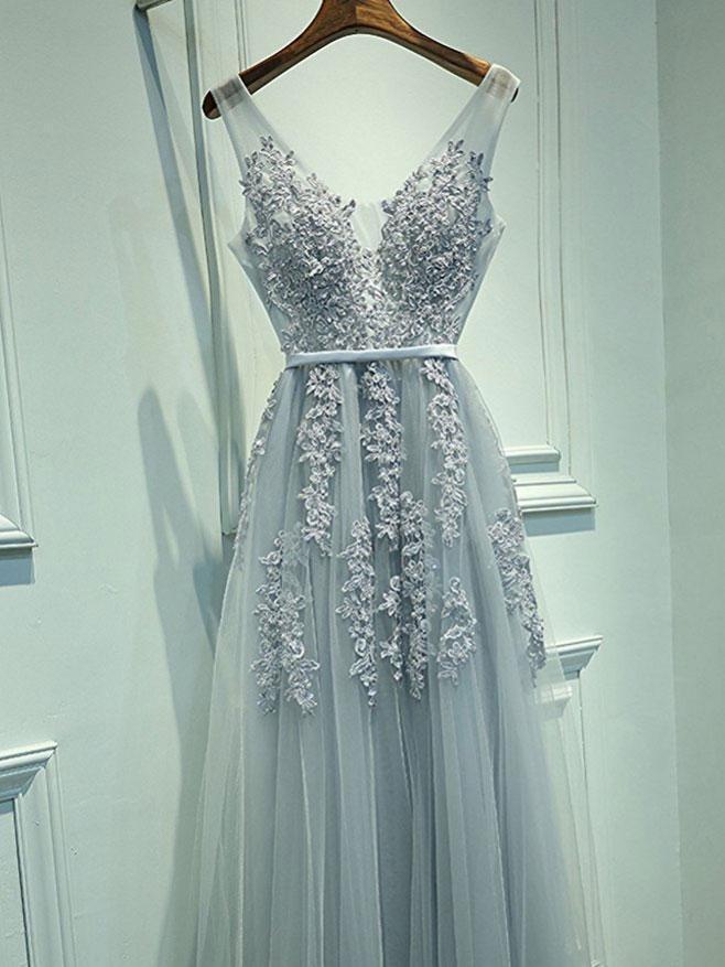 A-line Grey Tulle with Lace Appliqued V-neck Prom Dresses,Long Formal Gowns