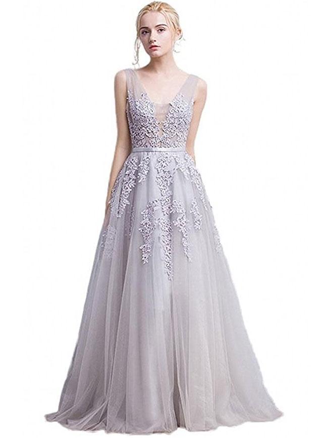 A-line Grey Tulle with Lace Appliqued V-neck Prom Dresses,Long Formal Gowns