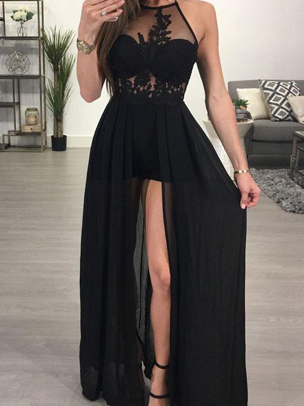 A-line Halter See-through Black Chiffon Sexy Long Prom Dresses