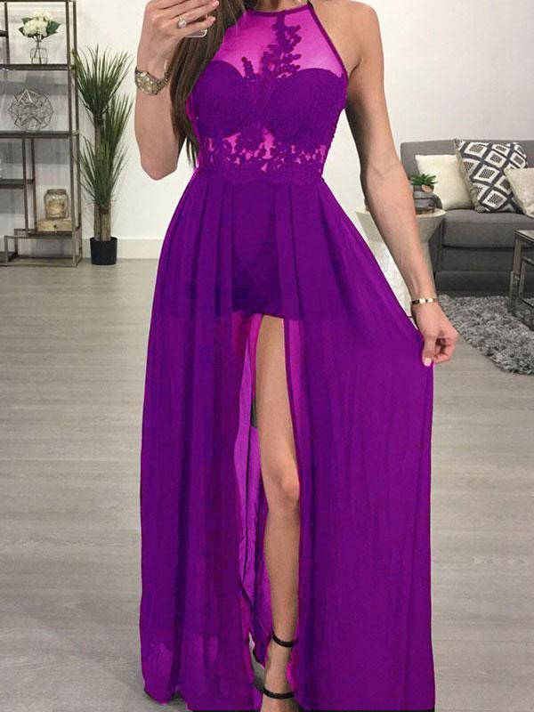 A-line Halter See-through Black Chiffon Sexy Long Prom Dresses