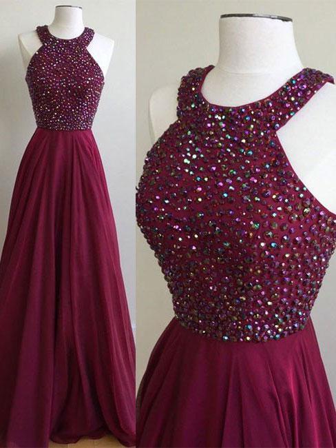 A-line Halter Burgundy Chiffon Long Prom Dresses,Simple Pageant Dresses