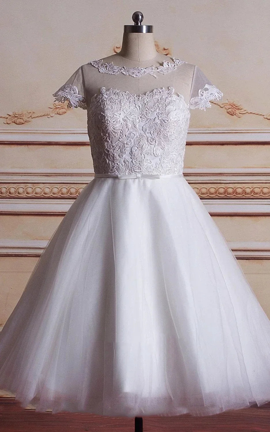 Camea | A-Line Tea-Length Tulle Lace Appliques Short Sleeves Wedding Dresses