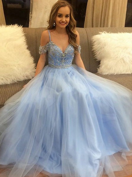 A-line Spaghetti Strap Floor-Length Tulle Prom Dresses With Rhine Stones