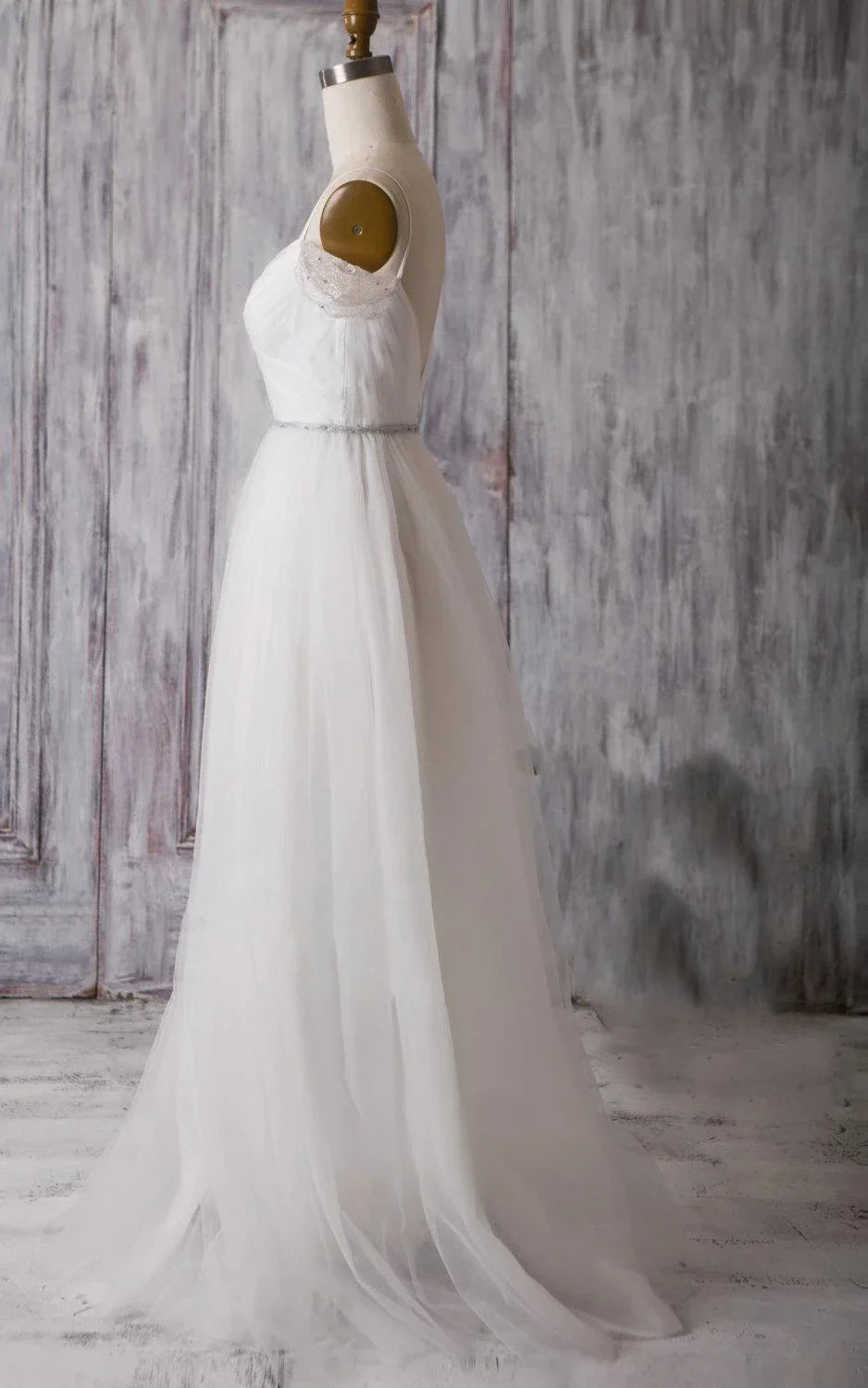 Spaghetti Strap Long A-Line Tulle Wedding Dress with Crisscross Ruching