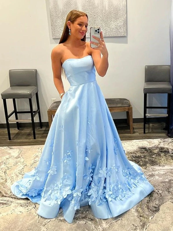 Charming Strapless 3D Appliques A-line Prom Dresses Satin Evening Gowns