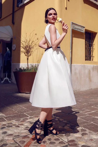 Tea-length Sleeveless Vintage Satin Wedding Dress With Keyhole Back And Ruching Details