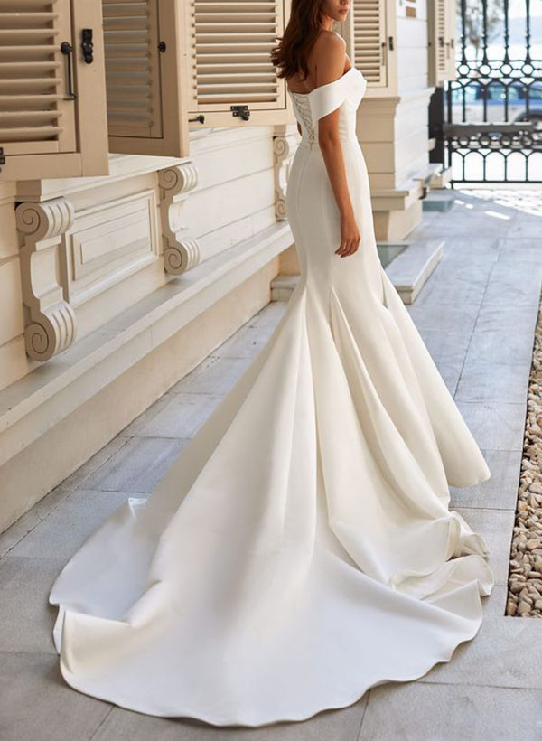 Trumpet Mermaid Off-the-Shoulder Sweep Train Satin Wedding Dress