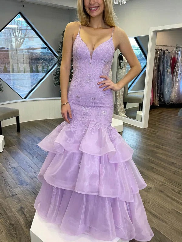 Glamorous Organza Spaghetti Strap Mermaid Prom Dresses With Beaded Appliques