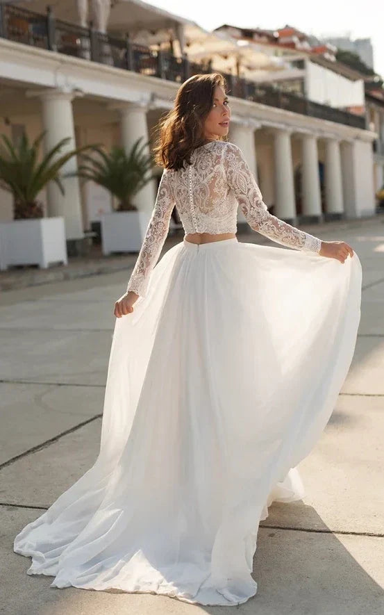 Iroha | Two Piece V-neck Wedding Dress with Sweep Train Lace Long Sleeves