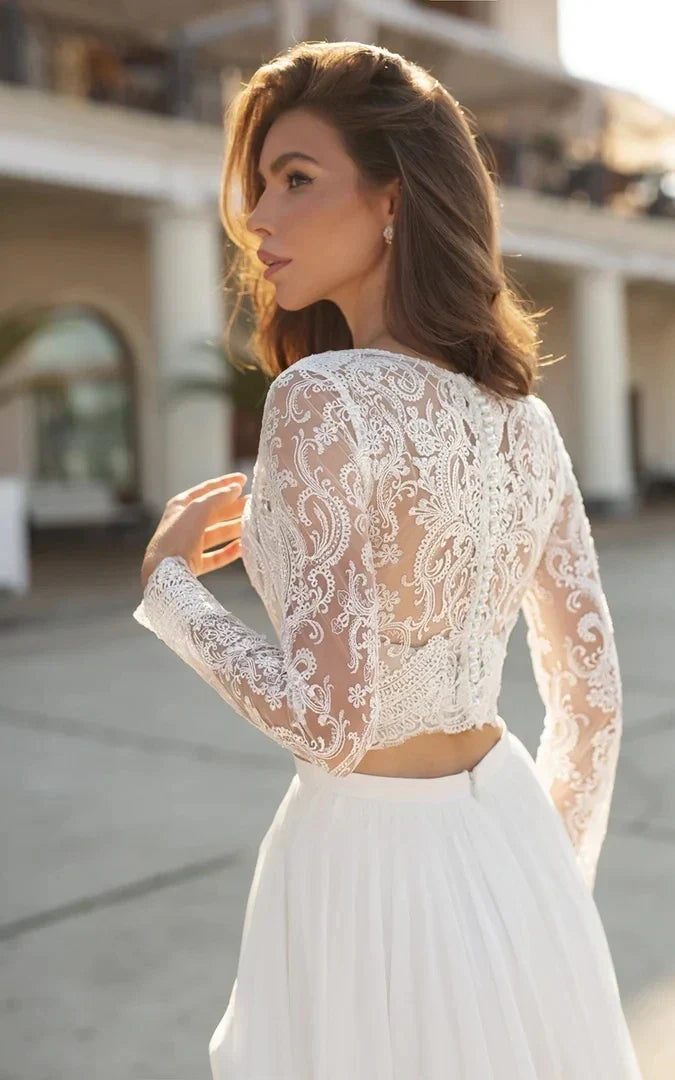 Iroha | Two Piece V-neck Wedding Dress with Sweep Train Lace Long Sleeves