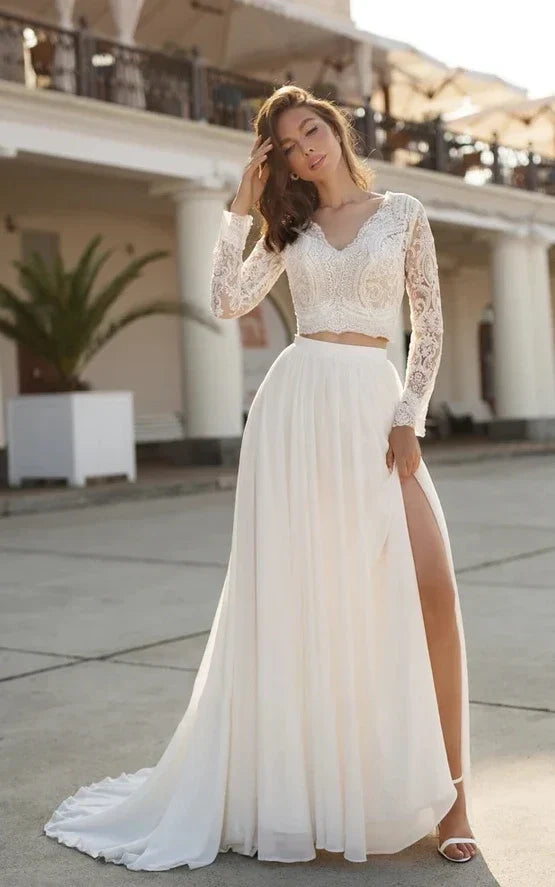 Iroha | Two Piece V-neck Wedding Dress with Sweep Train Lace Long Sleeves