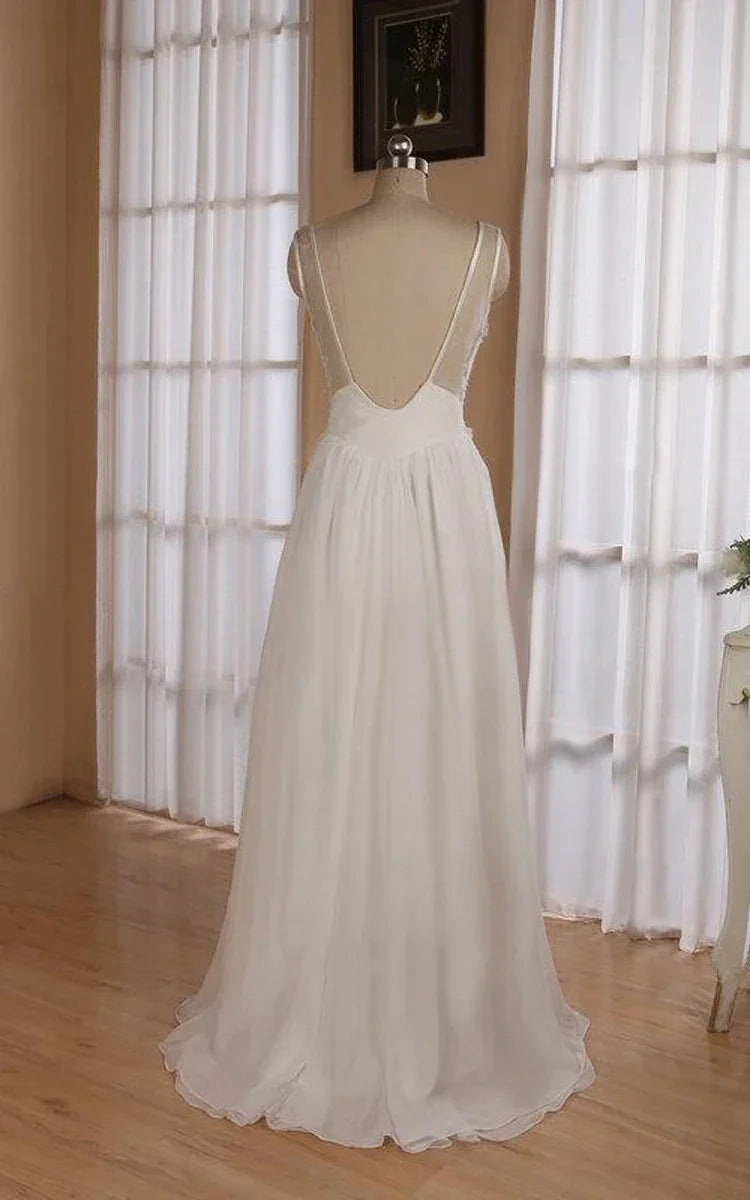 V-Neck Sleeveless Backless Floor-Length Chiffon Wedding Dress With Sequins