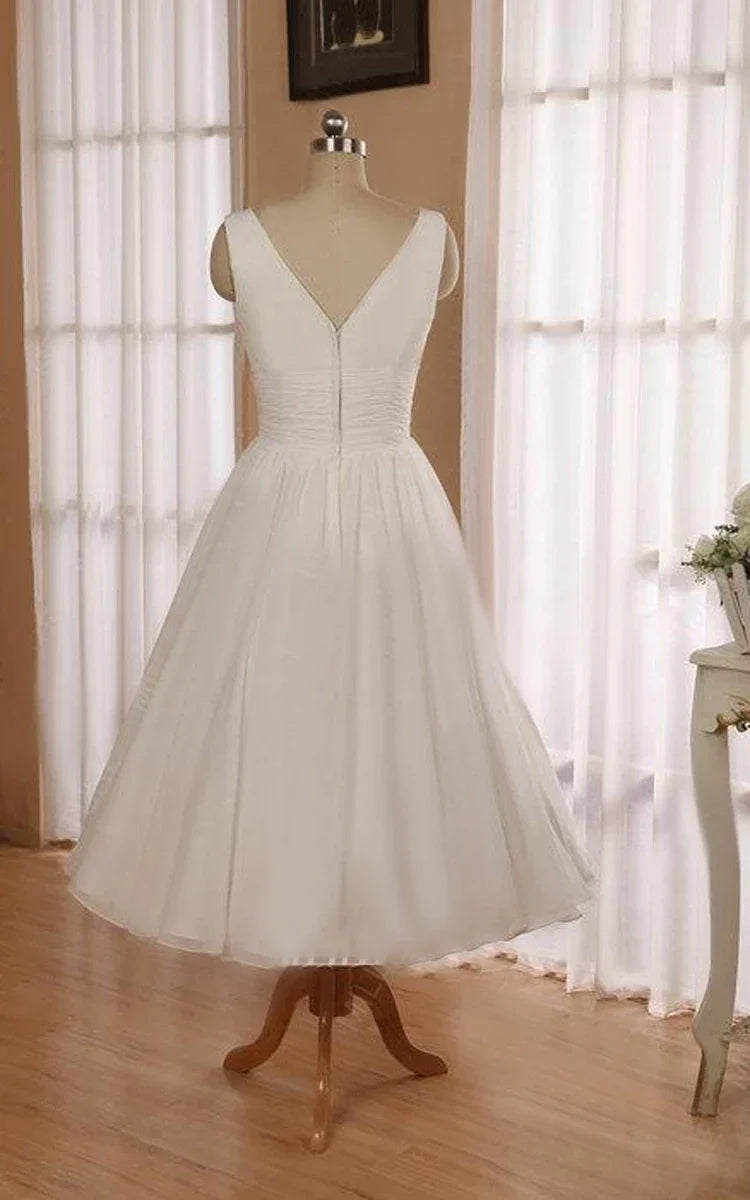 V-Neck Sleeveless Tea-Length Chiffon Wedding Dress With Ruching And Low-V Back