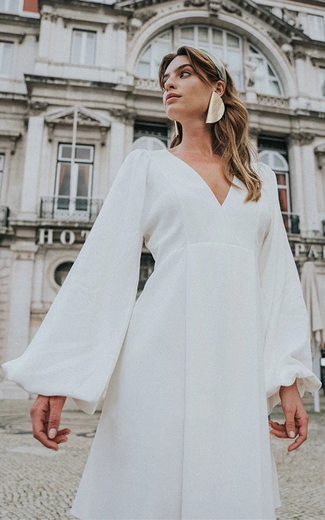 Melrose | Modest A-Line Long Sleeve Short Wedding Dresses with Sleeves Unique White V-Neck