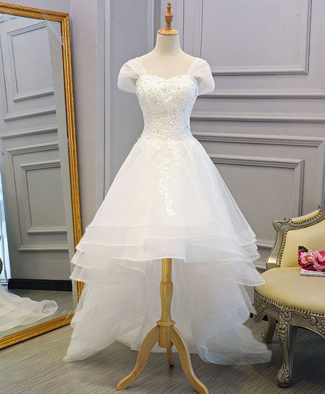 White Lace Tulle High Low Long Wedding Dress