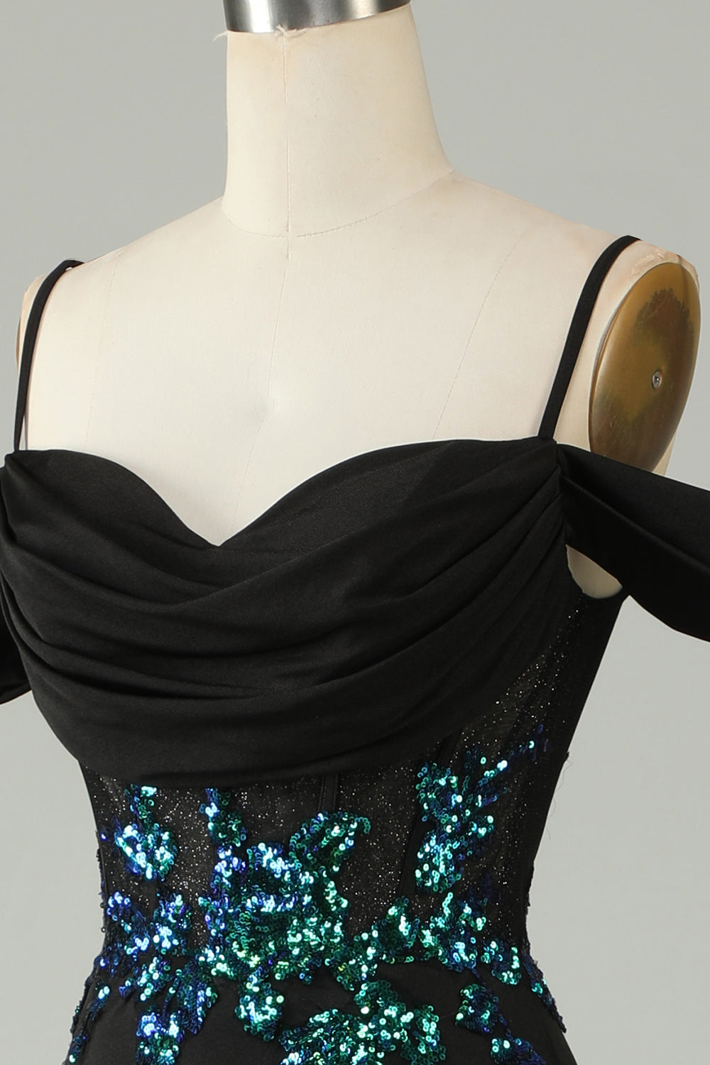 Cold Shoulder Black Sequins Corset Long Prom Dress