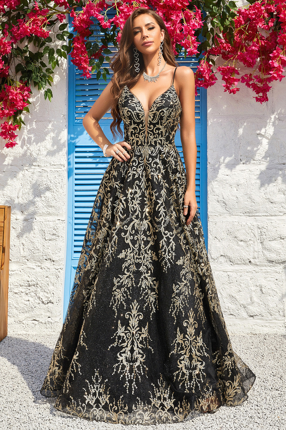 A Line Spaghetti Straps Black Golden Long Prom Dress with Bronzing