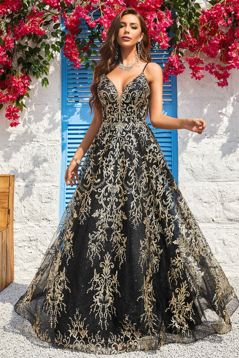 A Line Spaghetti Straps Black Golden Long Prom Dress with Bronzing