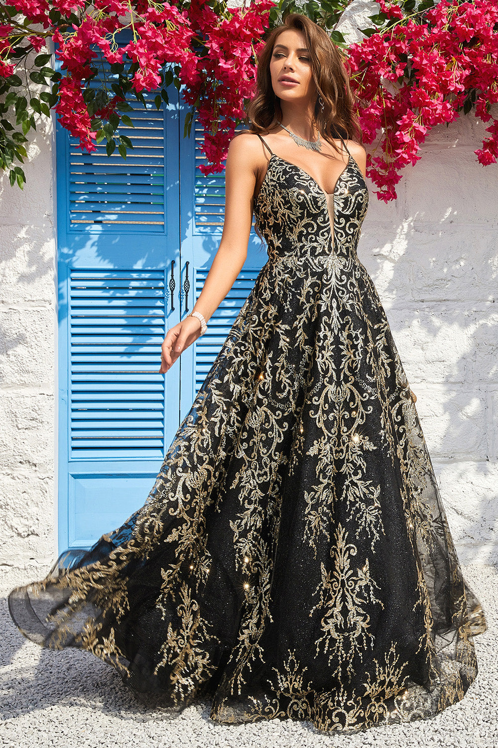 A Line Spaghetti Straps Black Golden Long Prom Dress with Bronzing