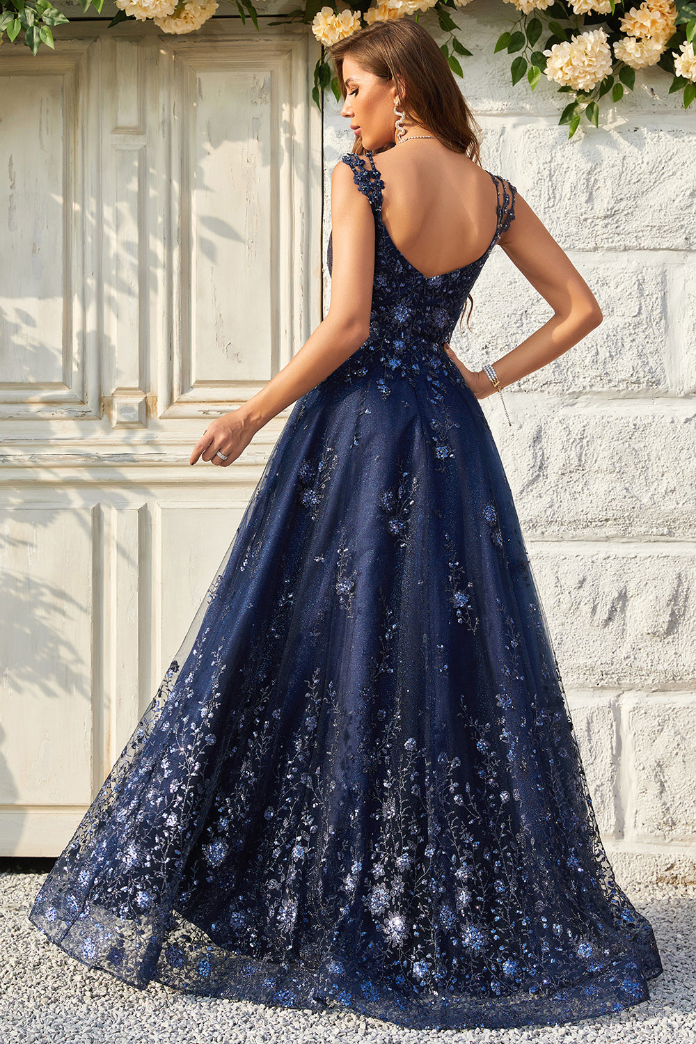 A Line Off the Shoulder Navy Long Prom Dress with Appliques