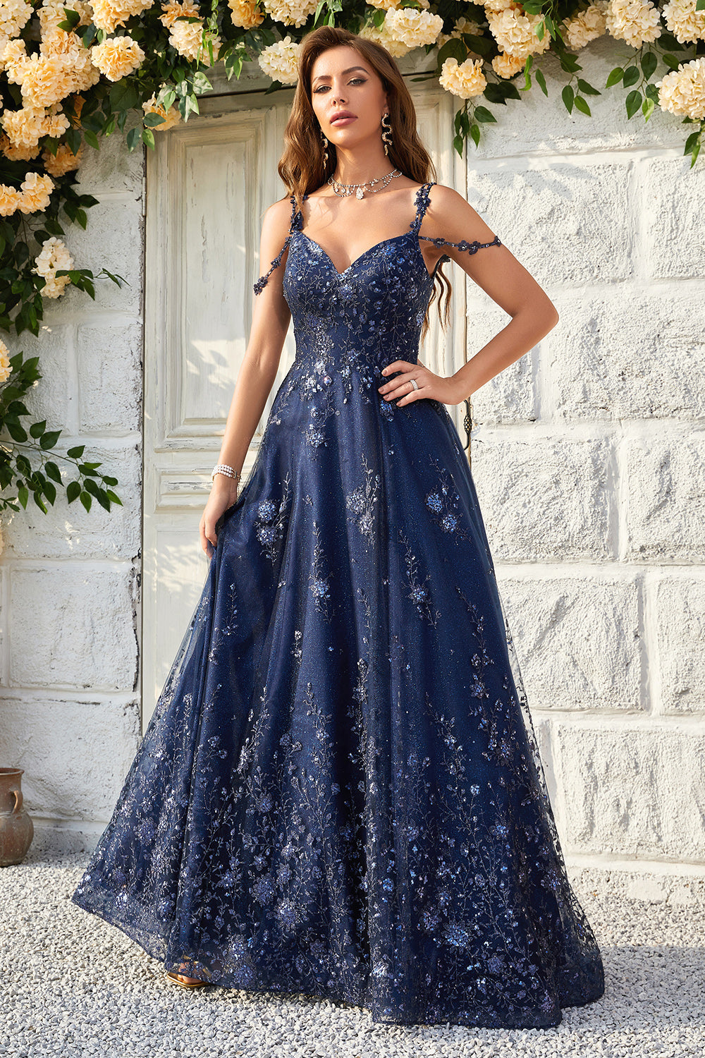 A Line Off the Shoulder Navy Long Prom Dress with Appliques