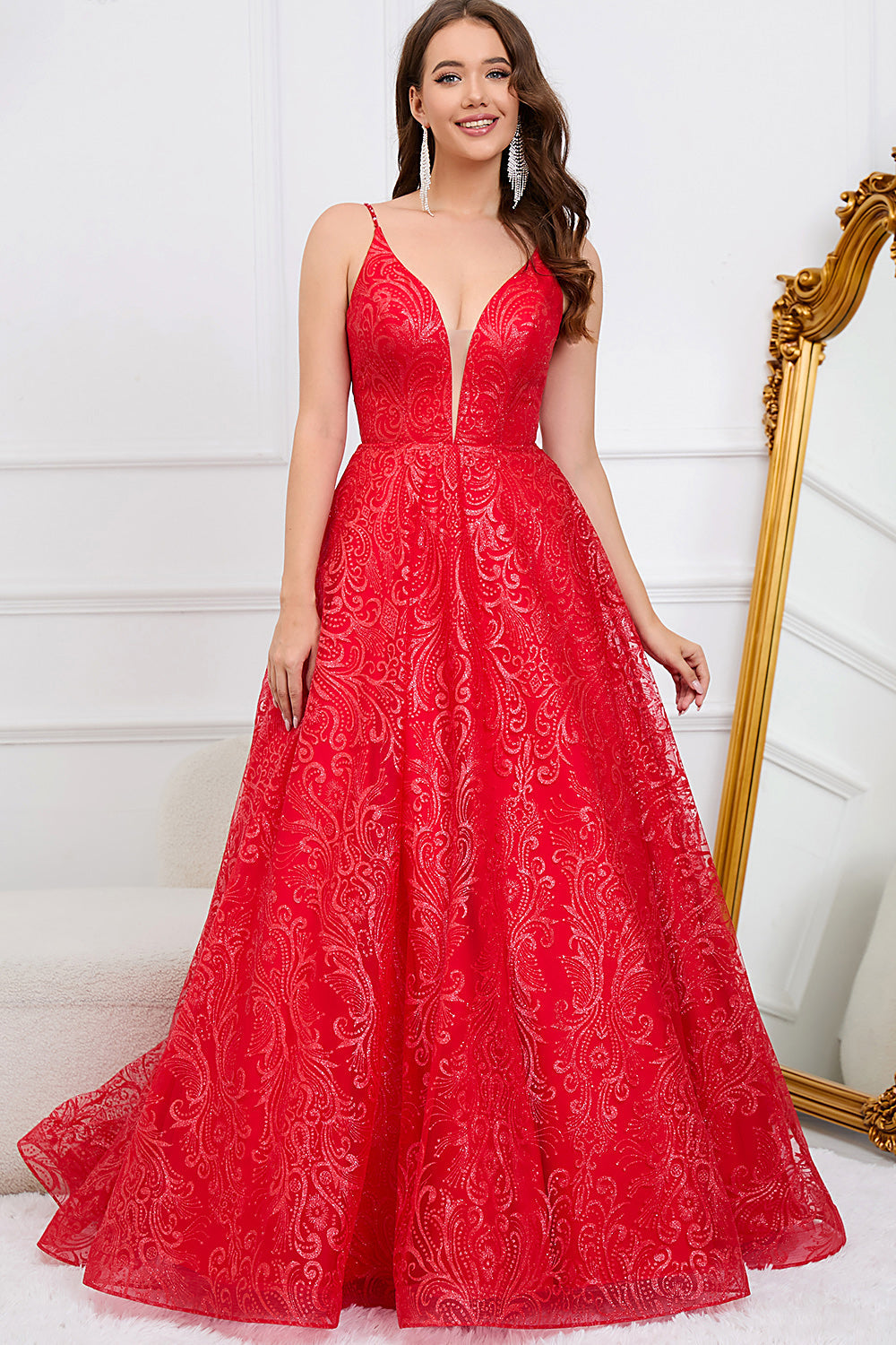 Sparkly Spaghetti Straps Red Long Prom Dress