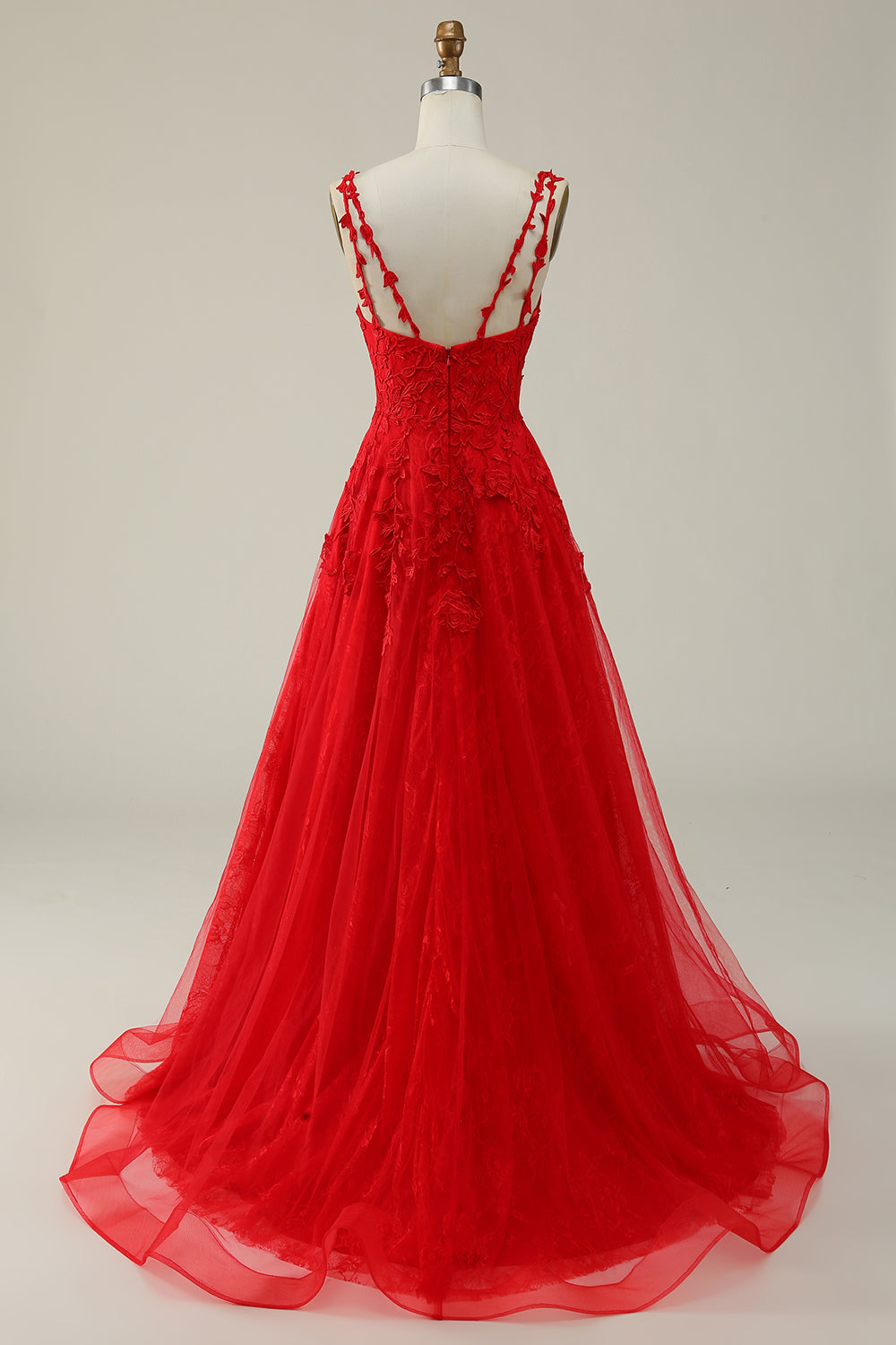 A Line Spaghetti Straps Red Long Prom Dress with Appliques