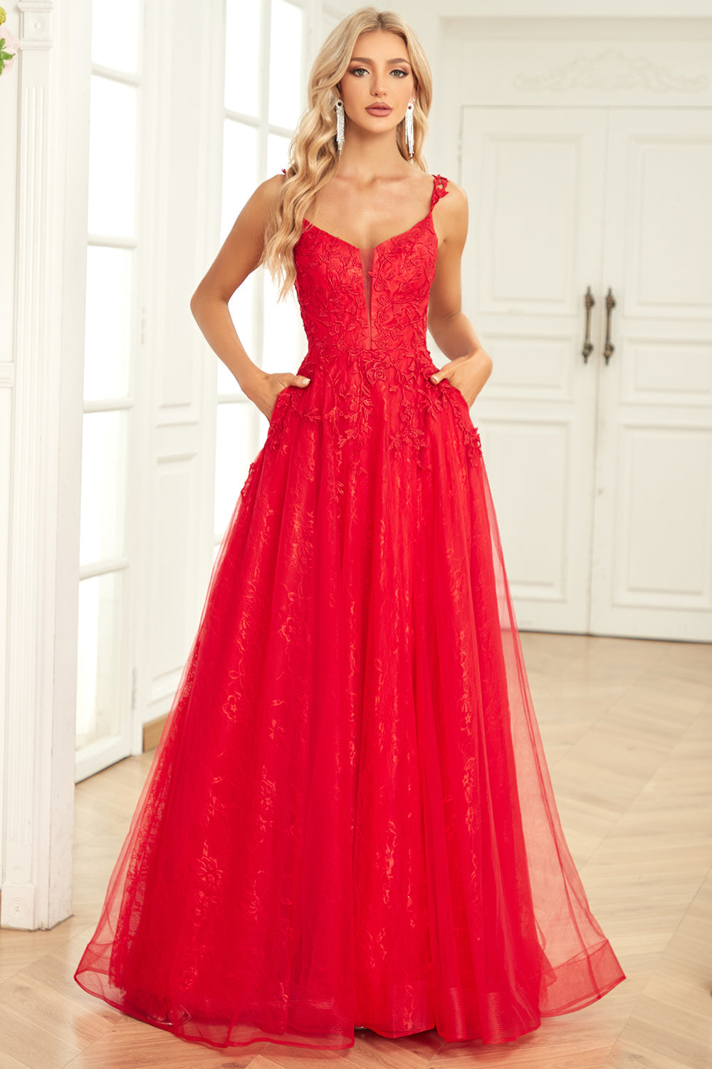 A Line Spaghetti Straps Red Long Prom Dress with Appliques